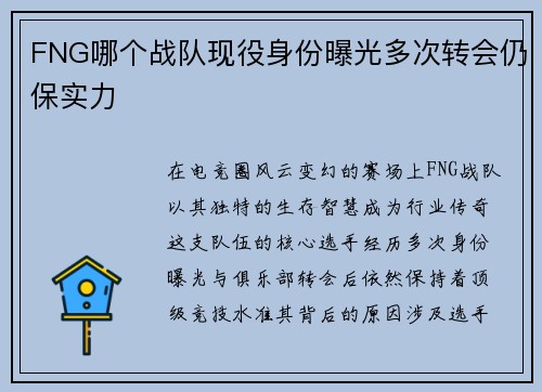 FNG哪个战队现役身份曝光多次转会仍保实力