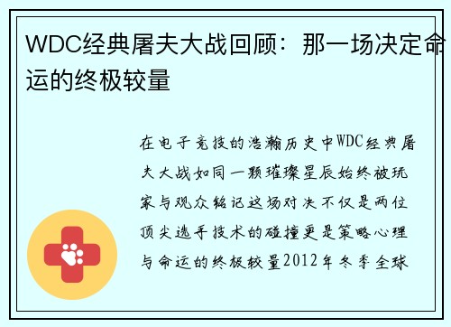 WDC经典屠夫大战回顾：那一场决定命运的终极较量
