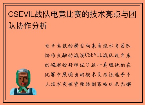CSEVIL战队电竞比赛的技术亮点与团队协作分析