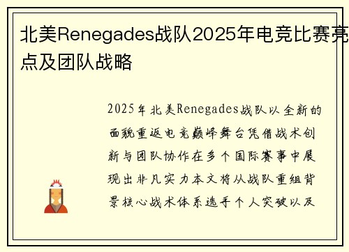 北美Renegades战队2025年电竞比赛亮点及团队战略